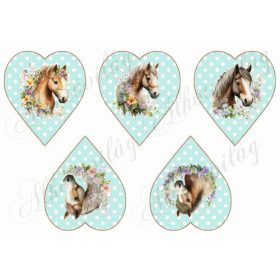 Lovak virágokkal zöld alapon fehér pöttyös szíveken