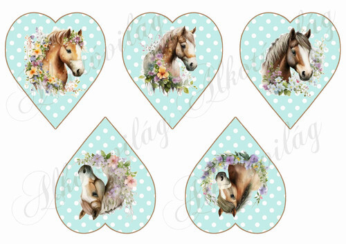 Lovak virágokkal zöld alapon fehér pöttyös szíveken