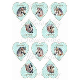   Lovak virágokkal SZERETETTEL felirattal pöttyös szíveken KICSIBEN