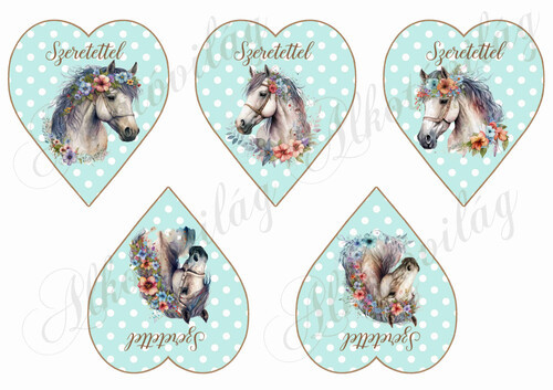 Lovak virágokkal SZERETETTEL felirattal pöttyös szíveken