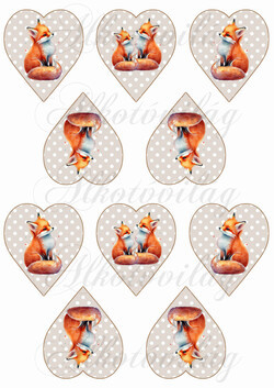 Cuki kézzel festett rókák drapp alapon fehér pöttyös szíveken - kicsiben
