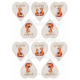   Cuki kézzel festett rókák drapp alapon fehér pöttyös szíveken - szeretettel felirattal - kicsiben