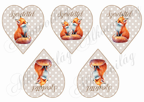 Cuki kézzel festett rókák drapp alapon fehér pöttyös szíveken - szeretettel felirattal