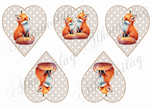 Cuki kézzel festett rókák drapp alapon fehér pöttyös szíveken