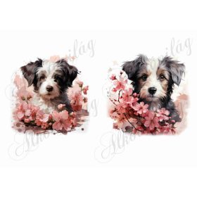 Bolognese, hawanese kutyusok virágokkal - kb. 15 x 14,5 cm