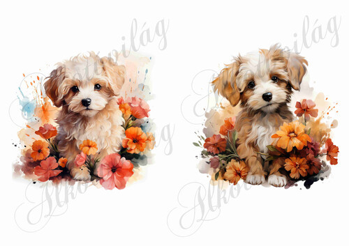 Bolognese, hawanese kutyusok virágokkal 2 - kb. 15 x 14,5 cm