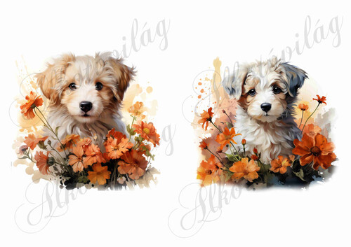 Bolognese, hawanese kutyusok virágokkal 3 - kb. 15 x 14,5 cm