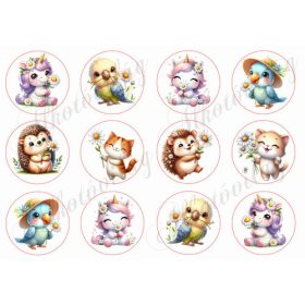   Cuki tavaszi unikornisok, madarak és cicák százszorszép virágokkal 6 cm-es körökben