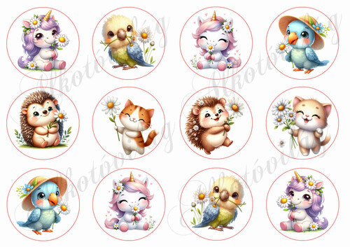 Cuki tavaszi unikornisok, madarak és cicák százszorszép virágokkal 6 cm-es körökben