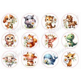   Cuki tavaszi állatkák százszorszép virágokkal 6 cm-es körökben