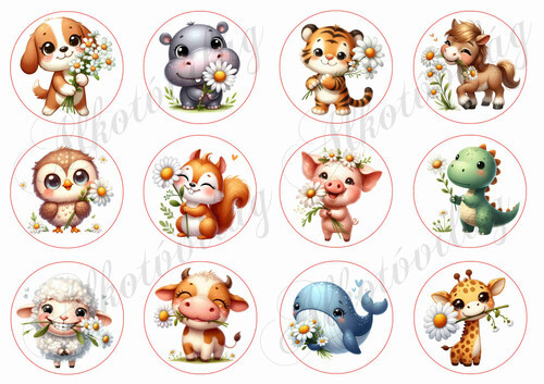 Cuki tavaszi állatkák százszorszép virágokkal 6 cm-es körökben