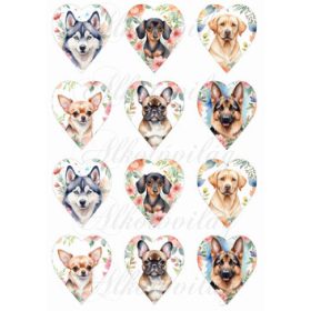 Kutyusok 6,5 cm magas szívekben - virágokkal