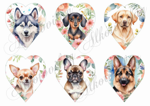 Kutyusok 9 cm magas szívekben - virágokkal