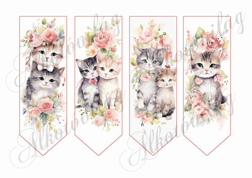 Könyvjelzők cicákkal és rózsákkal vintage stílusban - 16,5 x 5,5 cm