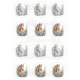 Lovak virágkoszorúkkal 6 cm-es körökben