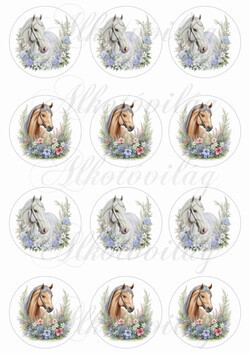 Lovak virágkoszorúkkal 6 cm-es körökben