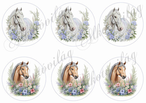 Lovak virágkoszorúkkal 9 cm-es körökben