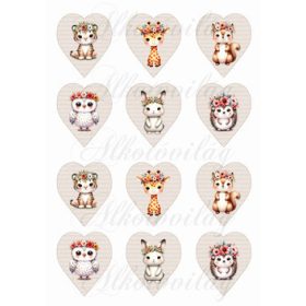   Állatkák vegyesen virágkoszorúkkal 5,5 cm magas szívekben