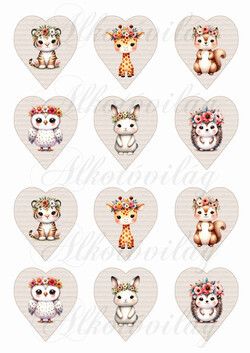 Állatkák vegyesen virágkoszorúkkal 5,5 cm magas szívekben