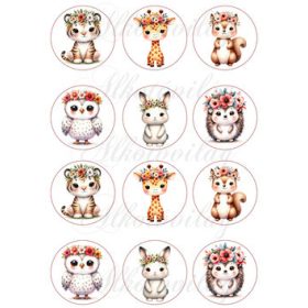 Állatkák vegyesen virágkoszorúkkal 6 cm-es körökben