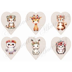 Állatkák vegyesen virágkoszorúkkal 9 cm magas szívekben