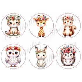 Állatkák vegyesen virágkoszorúkkal 9 cm-es körökben