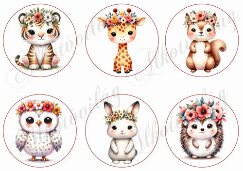 Állatkák vegyesen virágkoszorúkkal 9 cm-es körökben