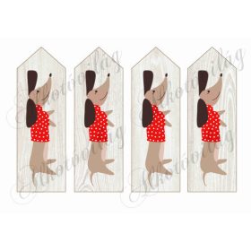   Könyvjelzők hátukon fekvő piros pulcsis vicces tacskóval - 16,5 x 5,5 cm