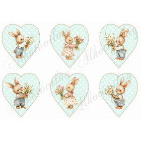 Cuki nyuszik menta árnyalatú pöttyös szíveken - 9 cm