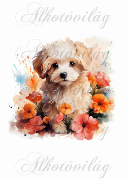 Bolognese, hawanese kutyus virágokkal - kb. 17,5  x 18 cm