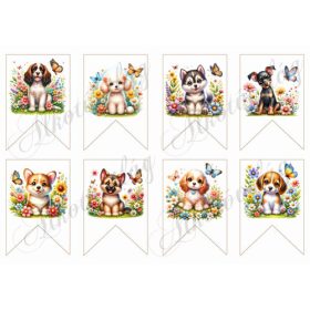 Cuki kutyusok virágokkal bannereken- 9 x 6,5 cm