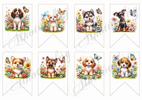 Cuki kutyusok virágokkal bannereken- 9 x 6,5 cm
