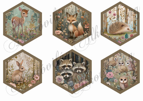 Erdei állatkák hexagonokban 9,5 x 8 cm