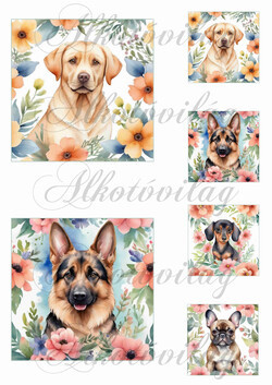 Kutyusok virágokkal 11 x 11 és 5,5 x 5,5 cm-es négyzetekben