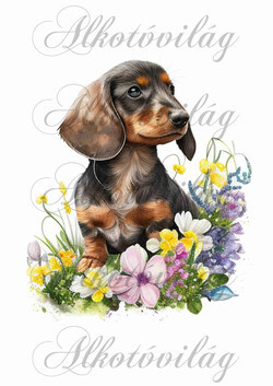 Tacskó kutyus virágokkal - 20 x 17 cm