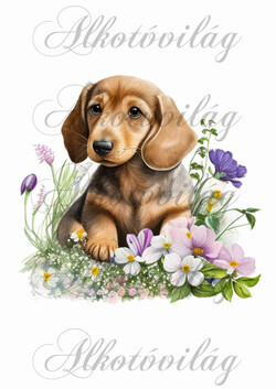 Tacskó kutyus virágokkal - kb. 18  x 19 cm