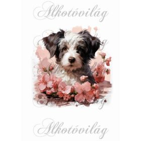 Bolognese, hawanese kutyus virágokkal - kb. 18 x 17,5 cm