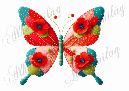 Patchwork pillangó pipacsokkal - kb. 18 cm magas