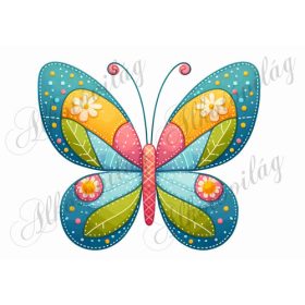   Patchwork pillangó virágokkal kékes- sárgás-rózsaszín árnyalatokban - kb. 18 cm magas