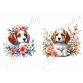   Barna fülű spániel kutyusok virágokkal és pillangókkal - kb. 12 x 12 cm