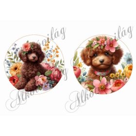 barna uszkár kutyusok virágokkal - 13 cm-es körökben