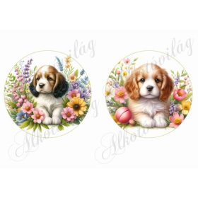 Cuki spániel kutyusok virágokkal - 13 cm átmérővel