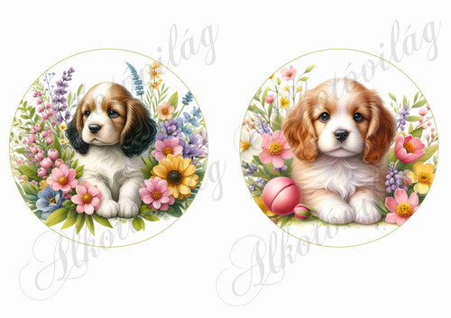 Cuki spániel kutyusok virágokkal - 13 cm átmérővel