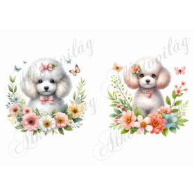   Fehér uszkár kutyusok virágokkal és pillangókkal - kb. 12 x 12 cm