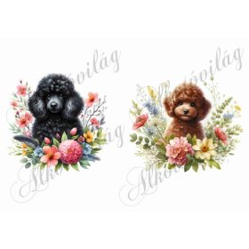   Fekete és barna uszkár kutyusok virágokkal - kb. 12 x 12 cm