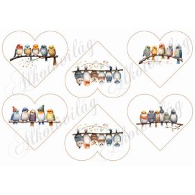 Cuki kismadarak ágon ülve - 8,5 x 10 cm-es szívekben