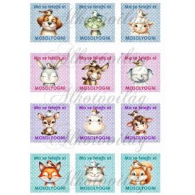   Pöttyös négyzetek CUKI ÁLLATKÁKKAL, MA SE FELEJTS EL MOSOLYOGNI FELIRATTAL - 6X6 cm