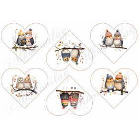   Tüneményes kismadár párok sapkában ágon, 8,5 x 10 cm-es szívekben