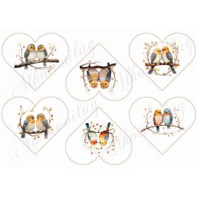   Tüneményes kismadár párok ágon, 8,5 x 10 cm-es szívekben