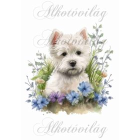   Párnablokk - vászontáska blokk - Westie kutyus kék-lila virágokkal